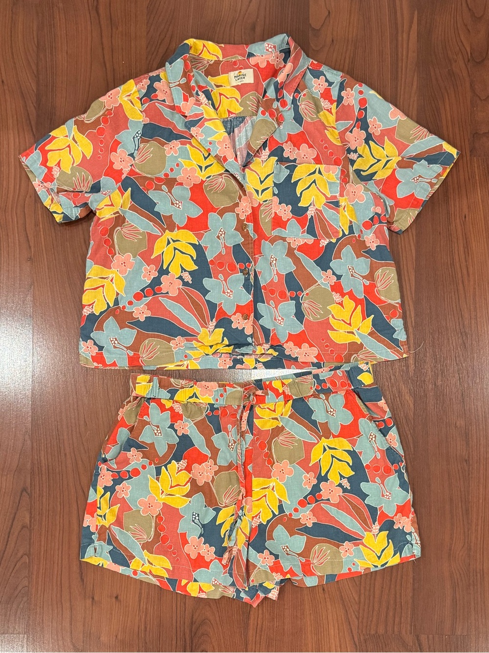 Marine Layer Tropical Floral Two-Piece Set in Coral, Yellow & Teal size XL